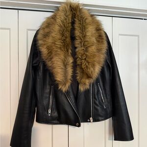 Blank NYC Black Leather Jacket with Faux Fur Trim in Brown